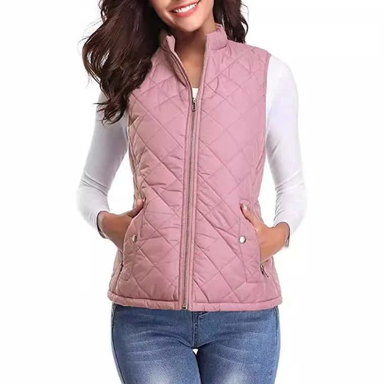 Hulda Quilted Stand Collar Vest Jacket - Dusty Pink