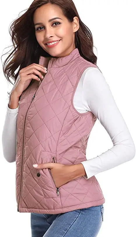 Hulda Quilted Stand Collar Vest Jacket - Dusty Pink