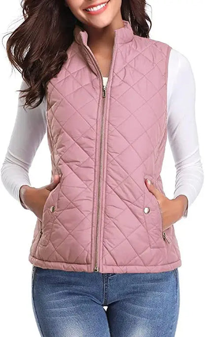 Hulda Quilted Stand Collar Vest Jacket - Dusty Pink