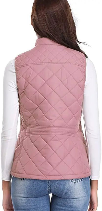 Hulda Quilted Stand Collar Vest Jacket - Dusty Pink