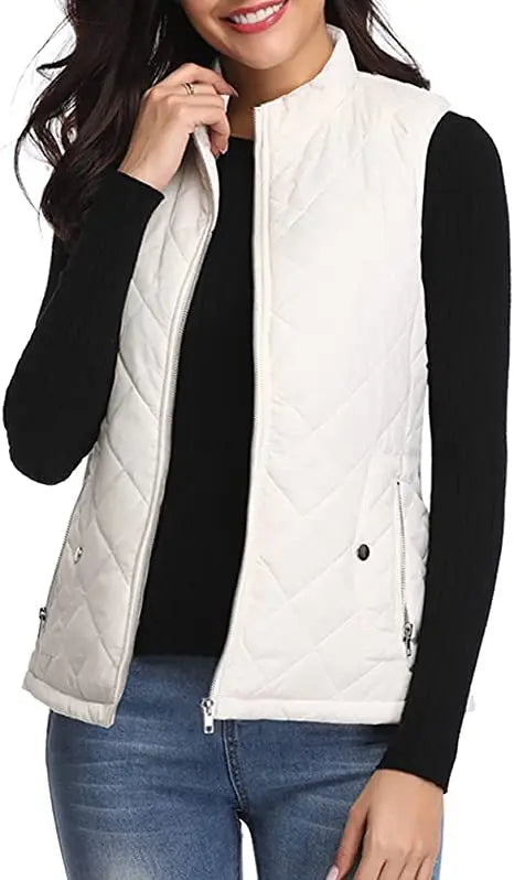 Hulda Quilted Stand Collar Vest Jacket - Ivory