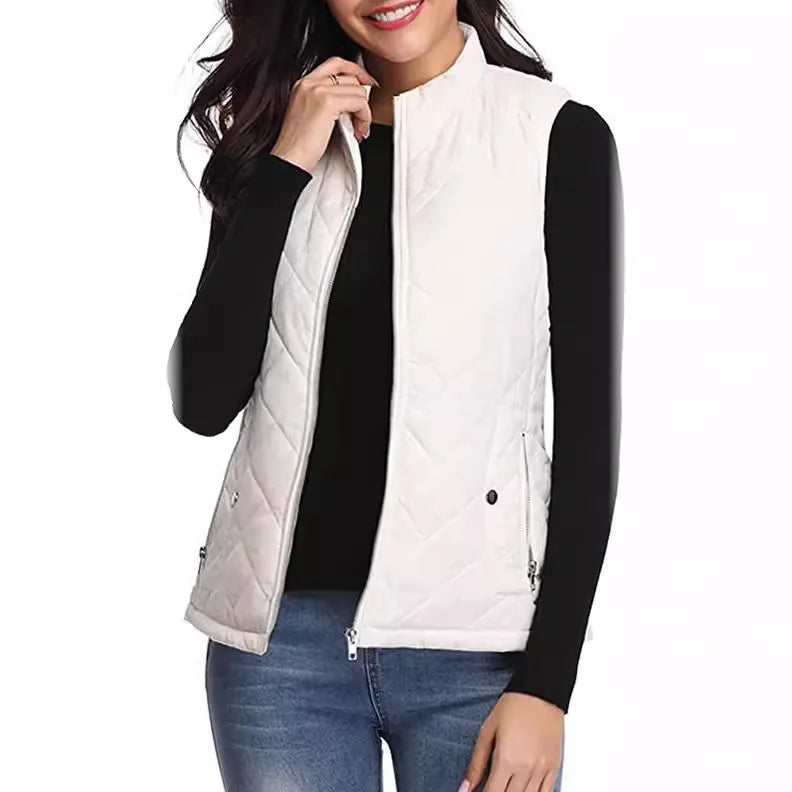 Hulda Quilted Stand Collar Vest Jacket - Ivory