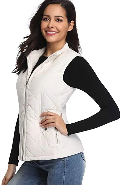 Hulda Quilted Stand Collar Vest Jacket - Ivory