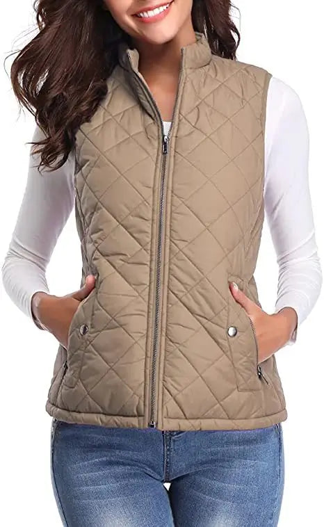 Hulda Quilted Stand Collar Vest Jacket - Khaki