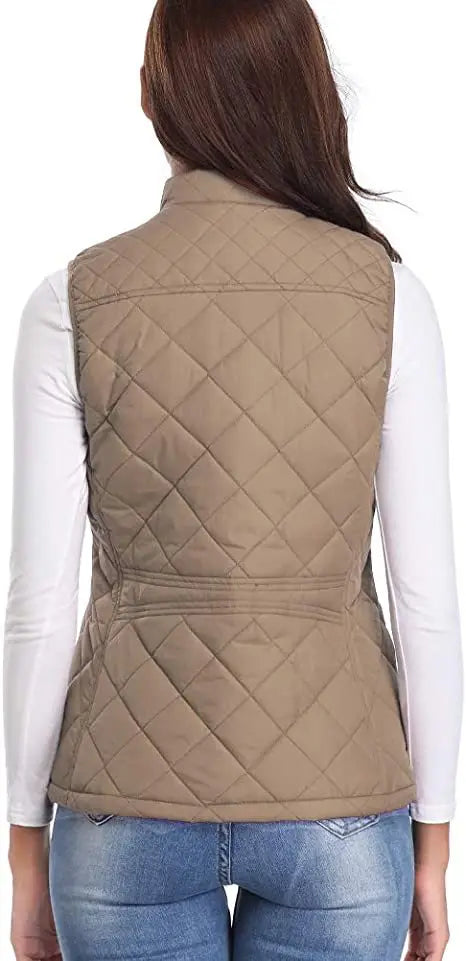 Hulda Quilted Stand Collar Vest Jacket - Khaki