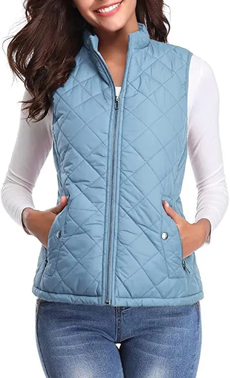 Hulda Quilted Stand Collar Vest Jacket - Light Blue
