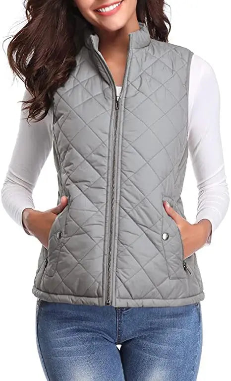 Hulda Quilted Stand Collar Vest Jacket - Light Gray