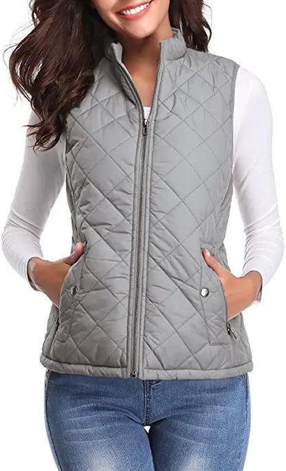 Hulda Quilted Stand Collar Vest Jacket - Light Gray