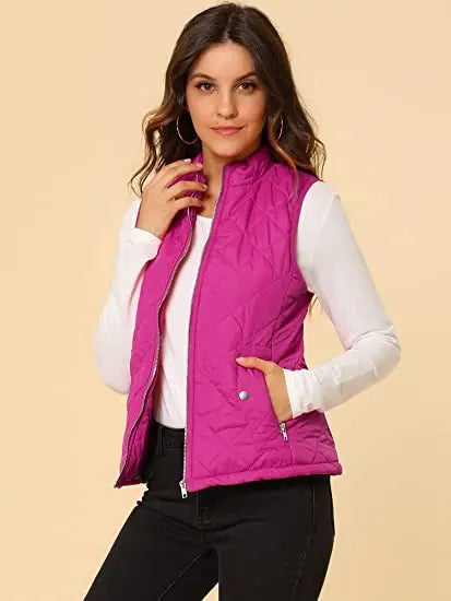 Hulda Quilted Stand Collar Vest Jacket - Magenta