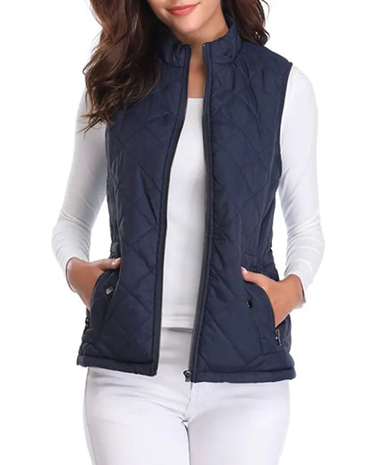 Hulda Quilted Stand Collar Vest Jacket - Navy Blue