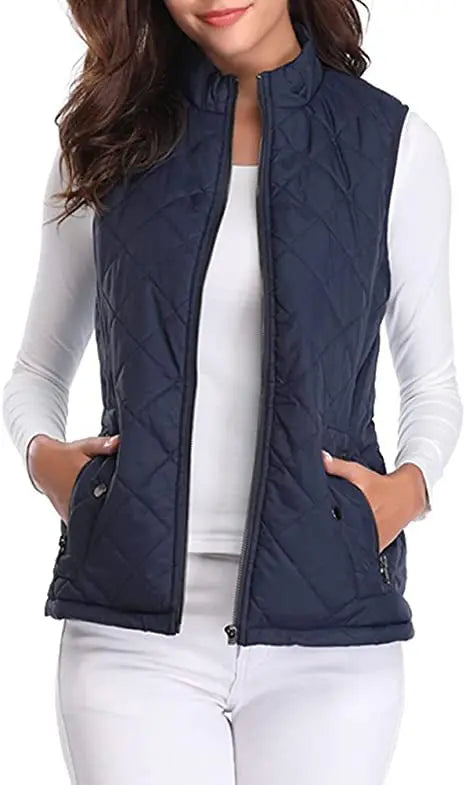 Hulda Quilted Stand Collar Vest Jacket - Navy Blue
