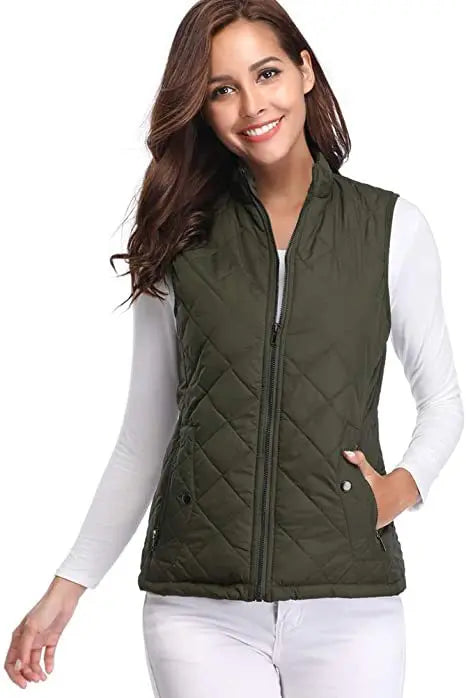 Hulda Quilted Stand Collar Vest Jacket - Olive Green