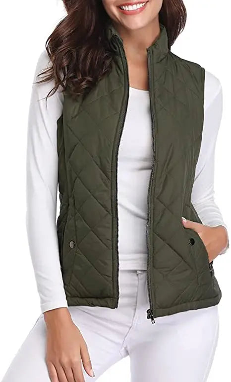 Hulda Quilted Stand Collar Vest Jacket - Olive Green
