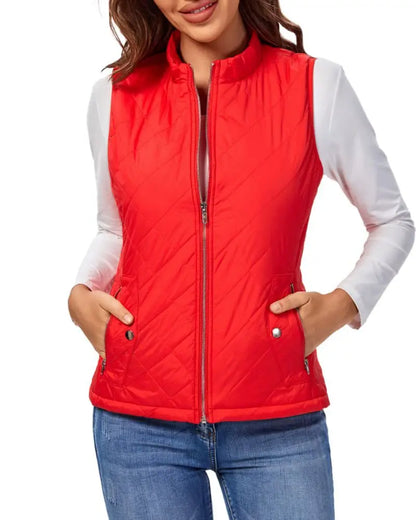 Hulda Quilted Stand Collar Vest Jacket - Red