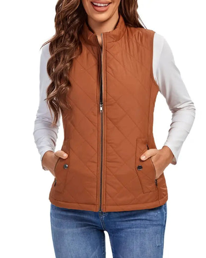 Hulda Quilted Stand Collar Vest Jacket - Rust Orange