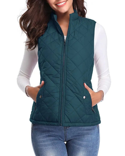 Hulda Quilted Stand Collar Vest Jacket - Teal
