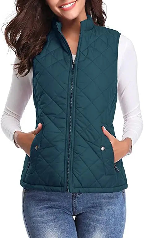 Hulda Quilted Stand Collar Vest Jacket - Teal