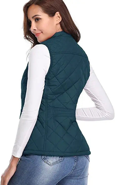 Hulda Quilted Stand Collar Vest Jacket - Teal