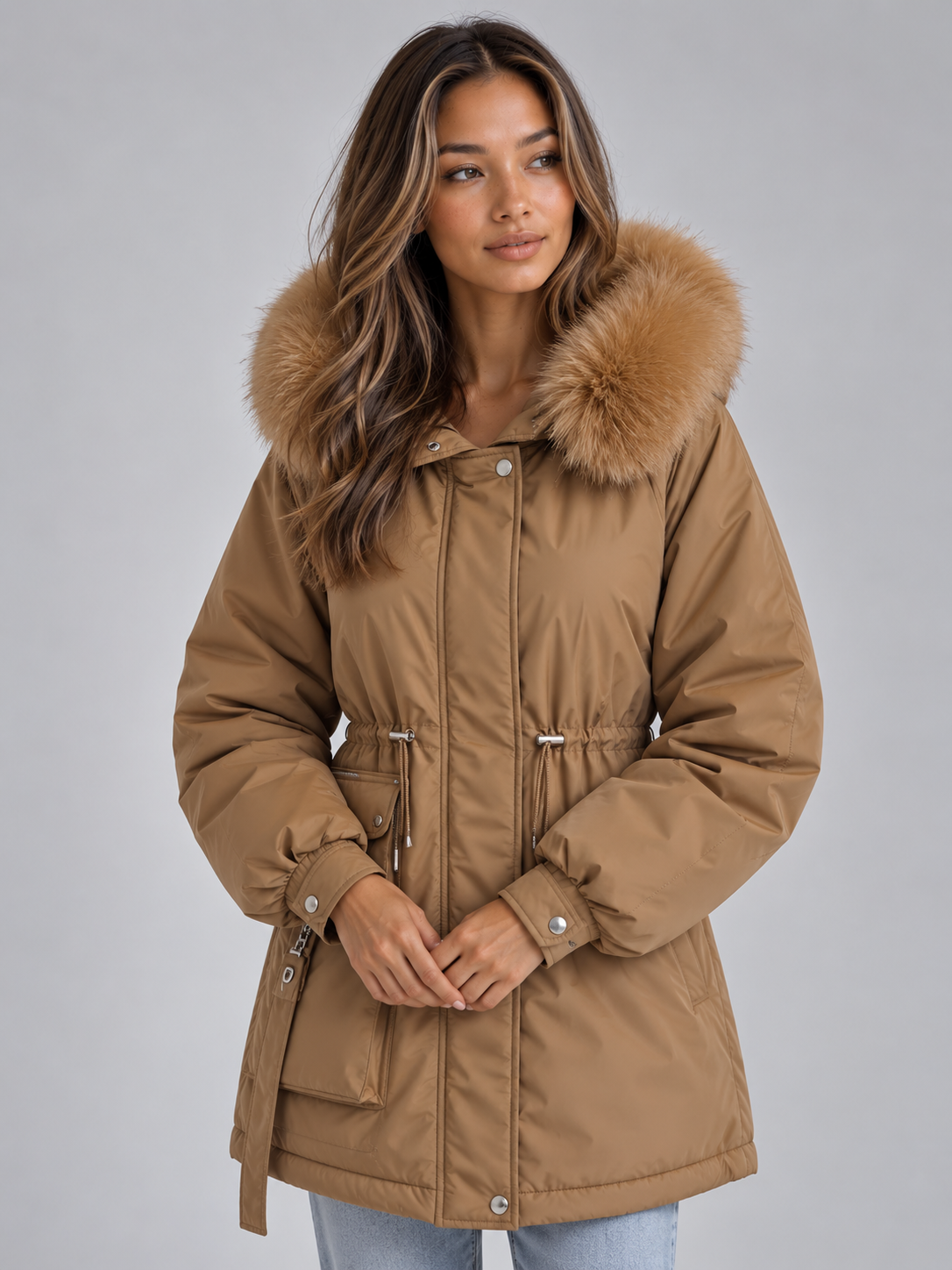 Ida Faux Fur Collar Drawstring Parka - Brown
