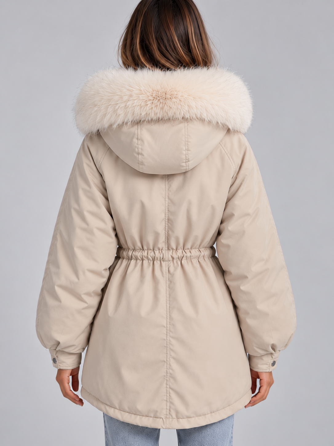 Ida Faux Fur Collar Drawstring Parka - Cream