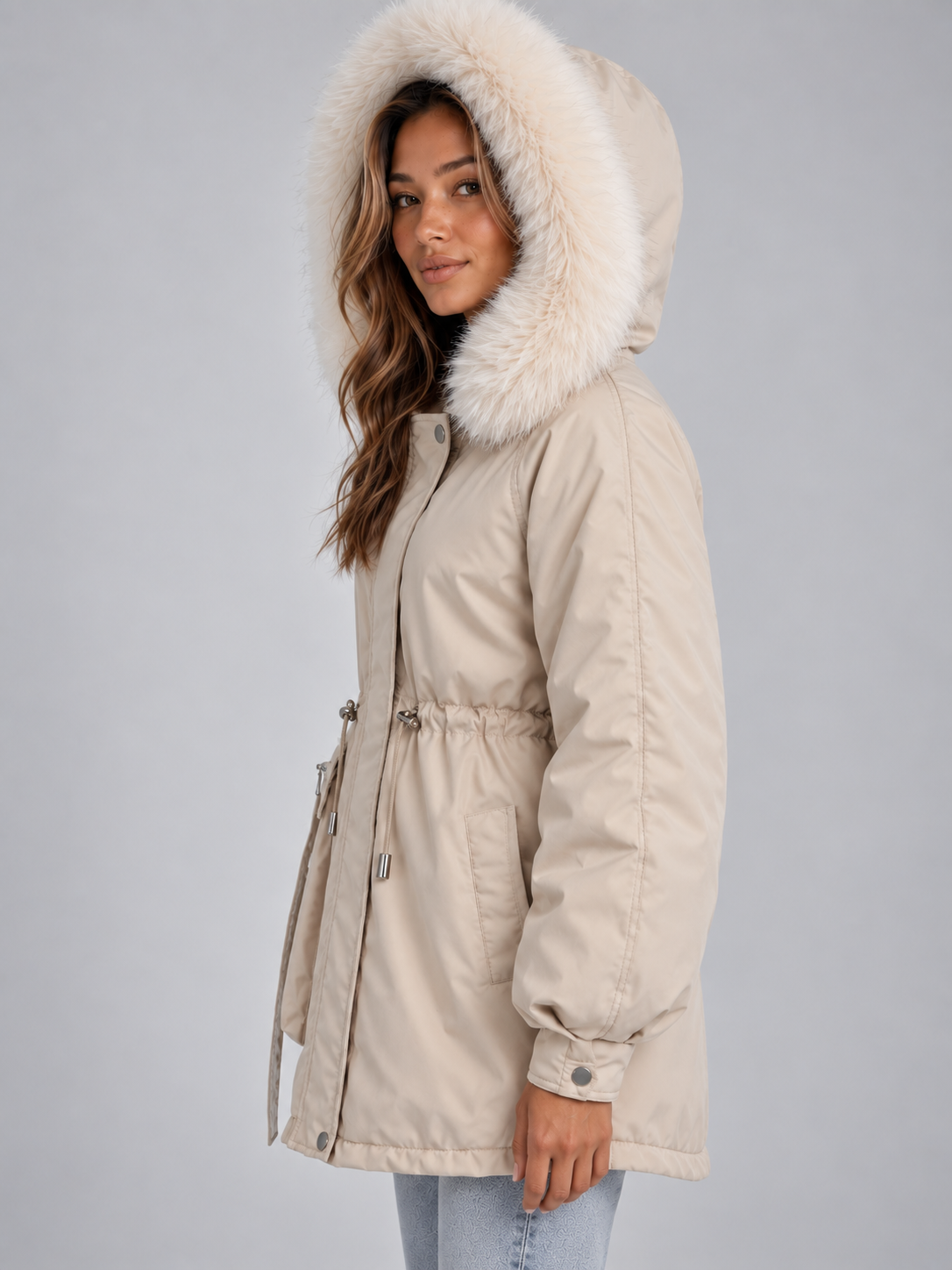 Ida Faux Fur Collar Drawstring Parka - Cream