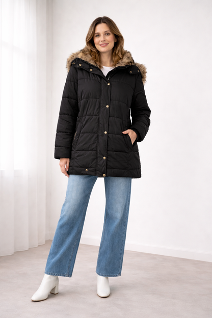 Ilana Faux Fur Hooded Puffer Jacket - Black