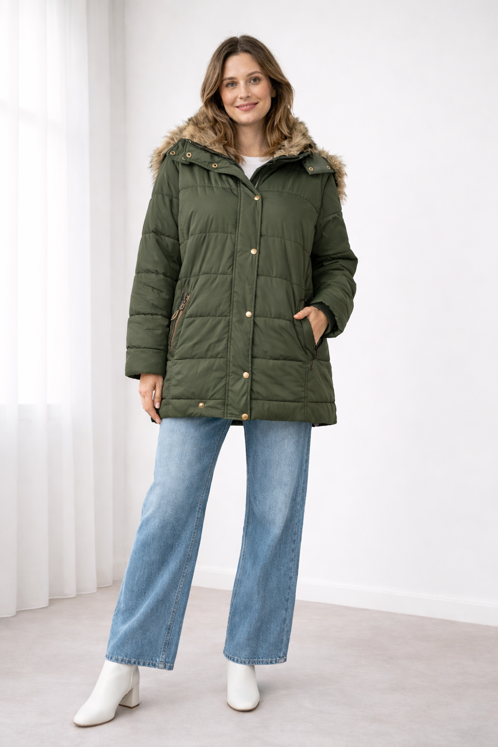 Ilana Faux Fur Hooded Puffer Jacket - Olive Green