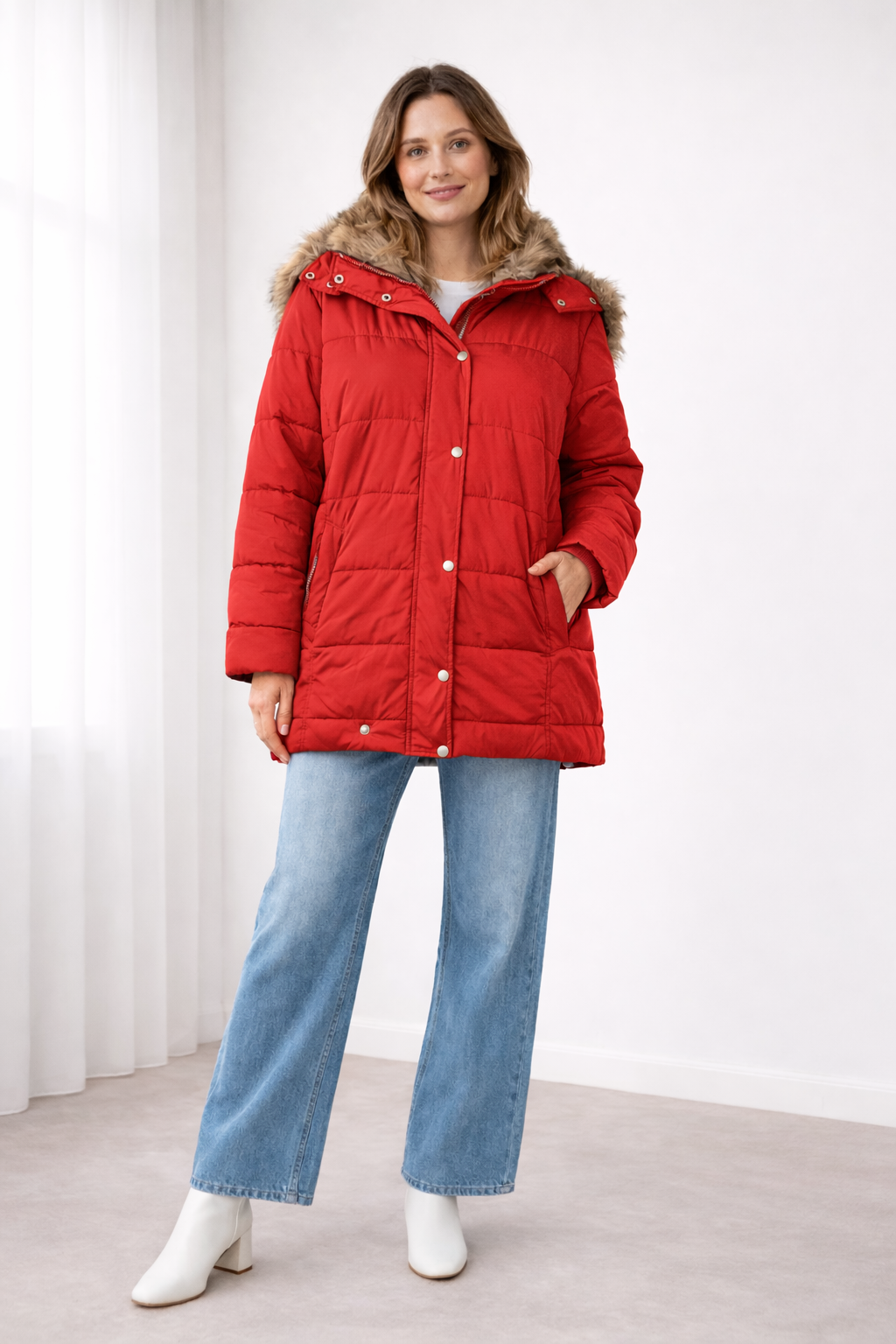 Ilana Faux Fur Hooded Puffer Jacket - Red