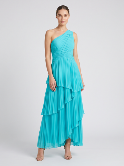 Ilene One Shoulder Tiered Maxi Dress - Bright Aqua