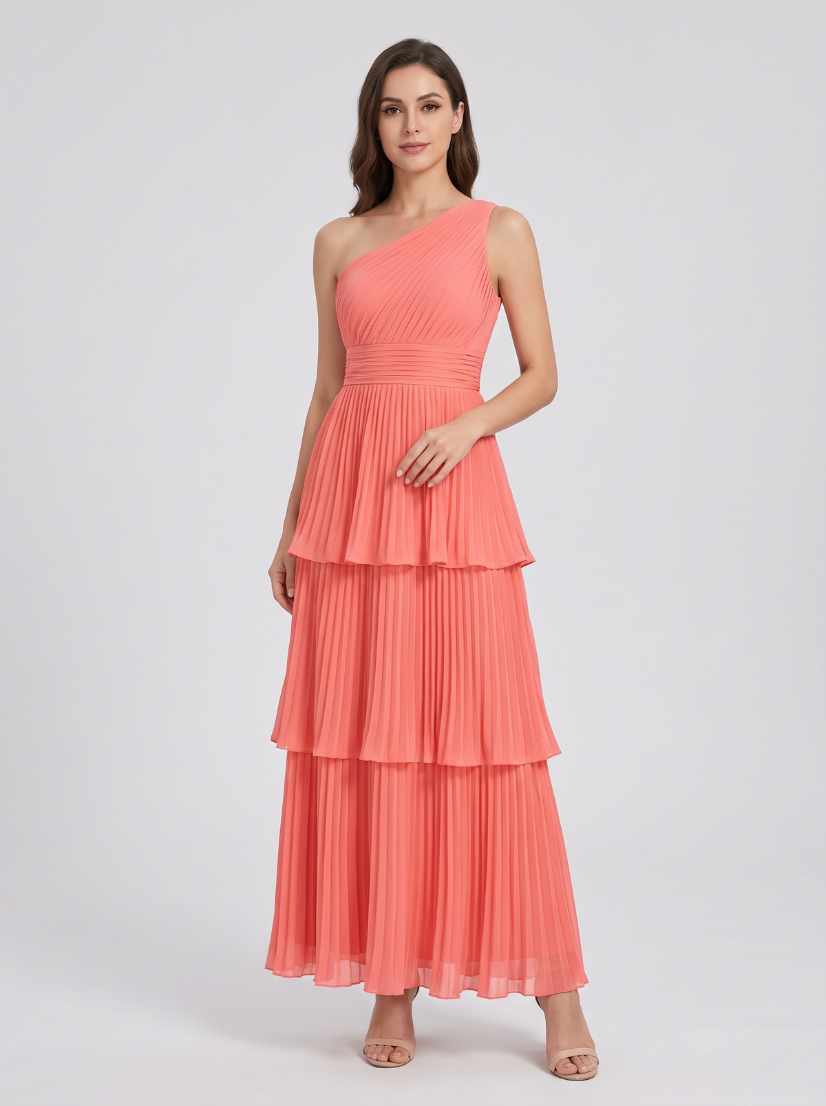 Ilene One Shoulder Tiered Maxi Dress - Coral