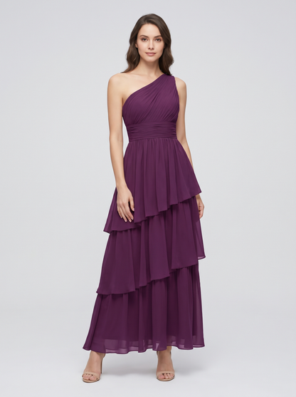 Ilene One Shoulder Tiered Maxi Dress - Plum