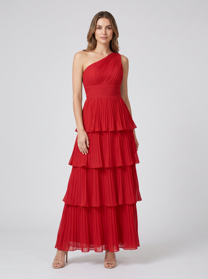 Ilene One Shoulder Tiered Maxi Dress - Red