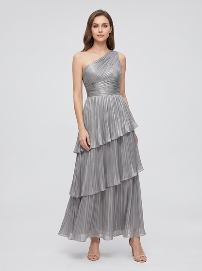Ilene One Shoulder Tiered Maxi Dress - Silver