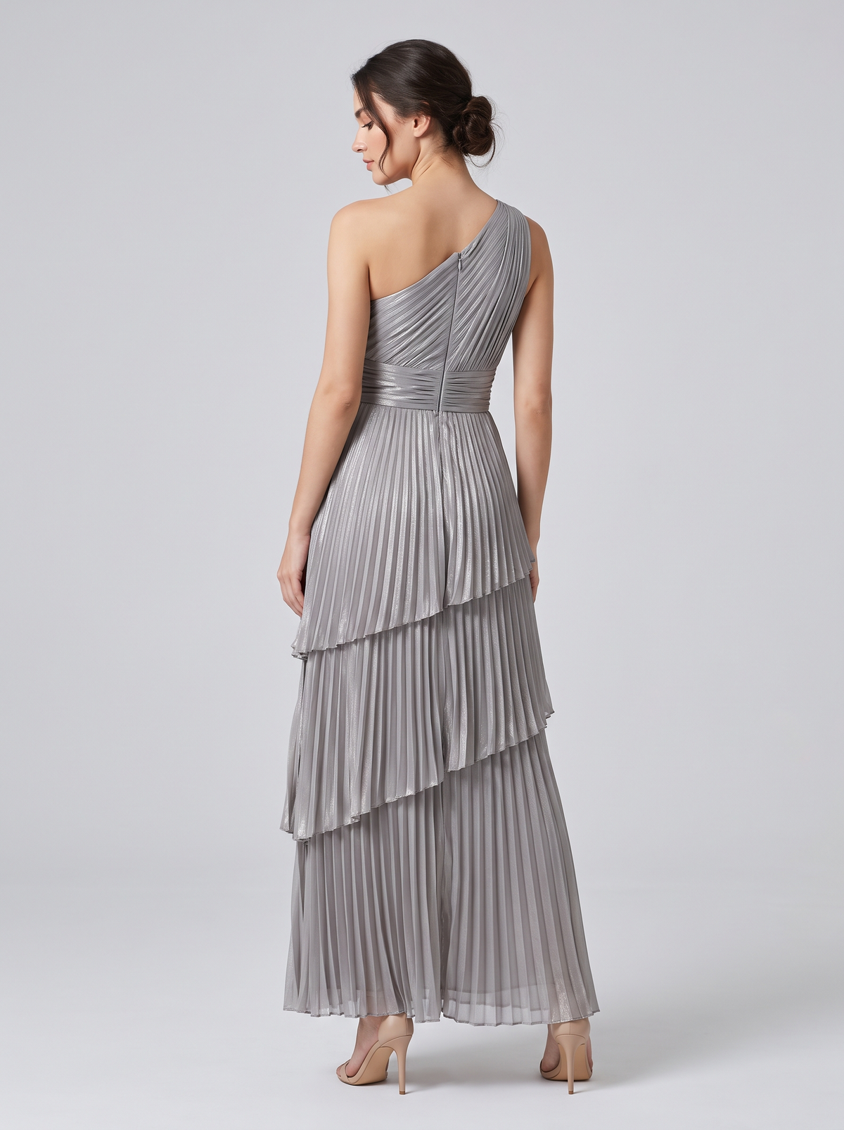 Ilene One Shoulder Tiered Maxi Dress - Silver