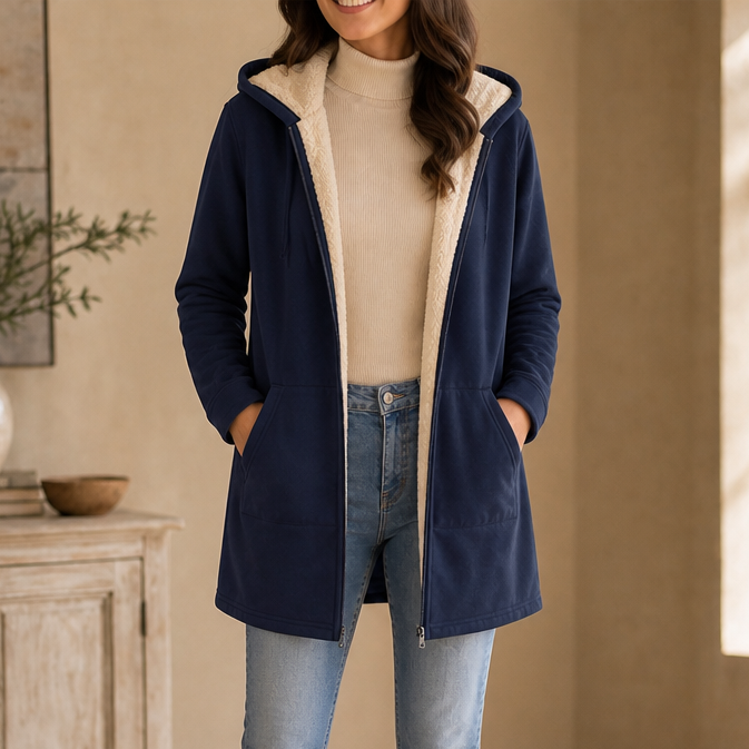 Ilse Faux Fleece-Lined Hooded Jacket - Navy Blue