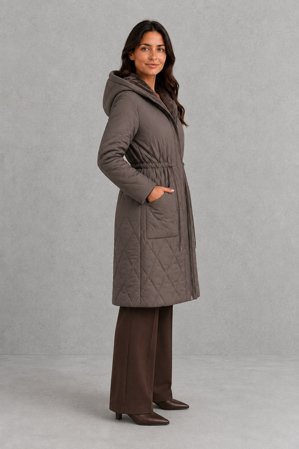 Imelda Faux Fur Collar Longline Puffer Coat - Taupe