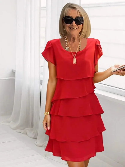 Imogene Tiered Flutter Sleeve Midi Dress - Red