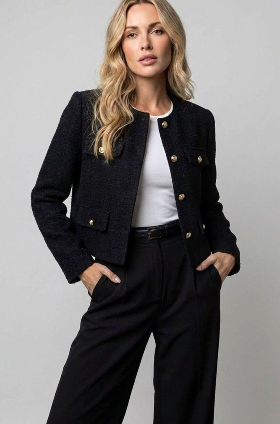 Inessa Cropped Tweed Blazer - Black