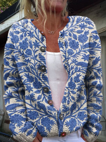 Irelyn Printed Knit Button Cardigan - Blue Floral