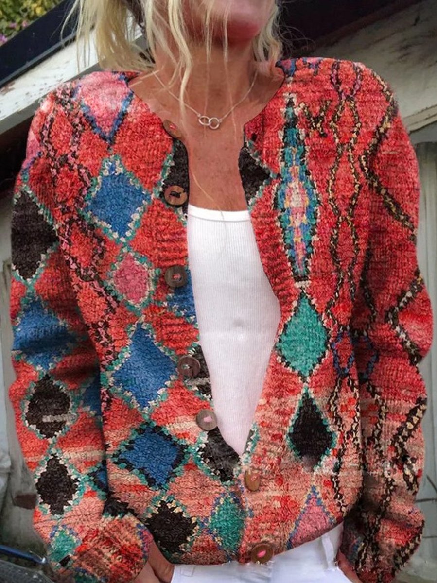 Irelyn Printed Knit Button Cardigan - Red Diamond Print