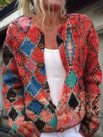Irelyn Printed Knit Button Cardigan - Red Diamond Print