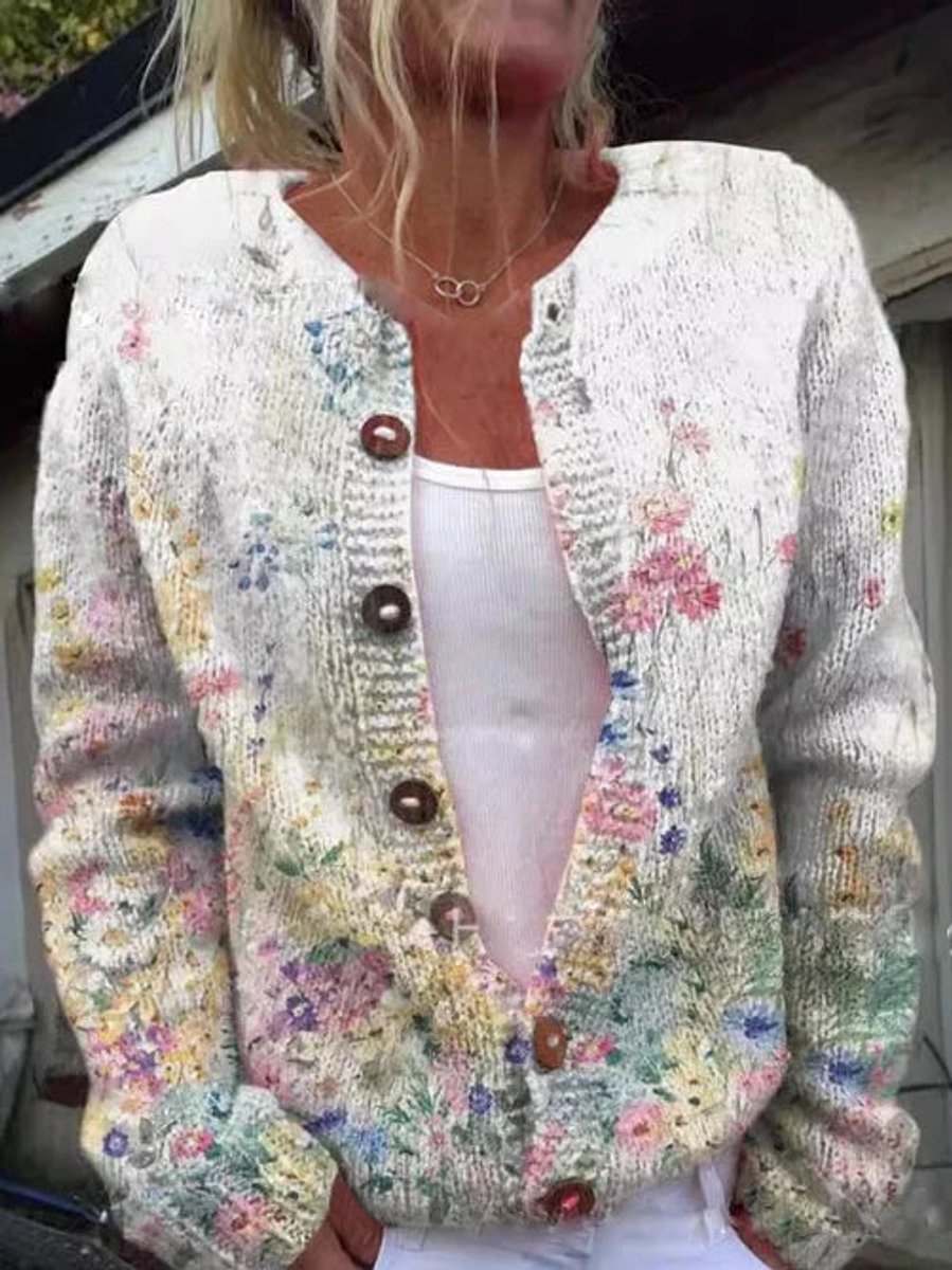 Irelyn Printed Knit Button Cardigan - White Pastel Floral