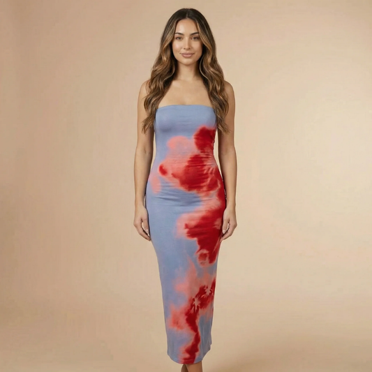 Periwinkle strapless bodycon midi dress with red abstract print for women