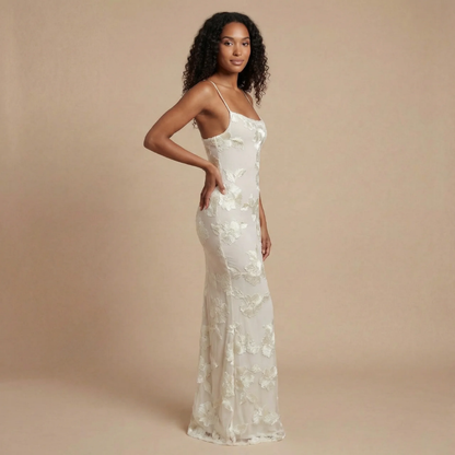 Ivory floral embellished maxi dress with square neckline and fitted silhouette for women