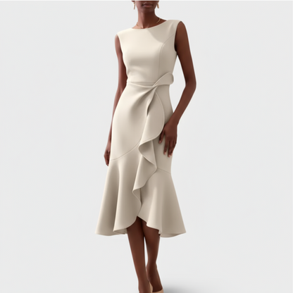 Cream sleeveless midi dress with voluminous ruffle skirt and wrap waist