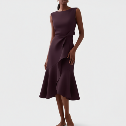 Burgundy sleeveless ruffle midi dress side profile showing ruffled hem