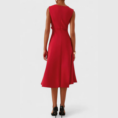 Red ruffle midi dress back view with center seam and flared skirt
