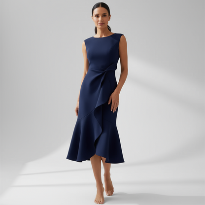 Navy blue sleeveless midi dress with side ruffle detail and wrap waist