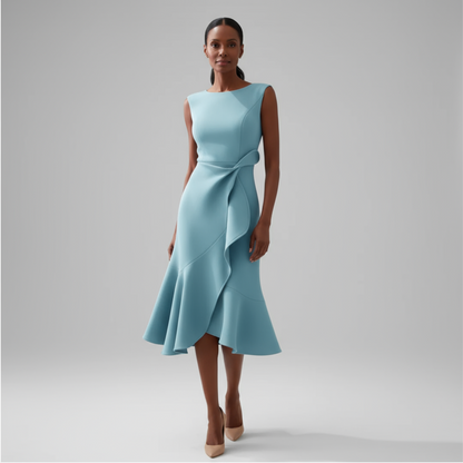 Light blue sleeveless midi dress with asymmetrical ruffle and tie waist