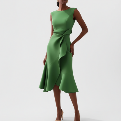 Emerald green sleeveless midi dress with flowing ruffle skirt panel